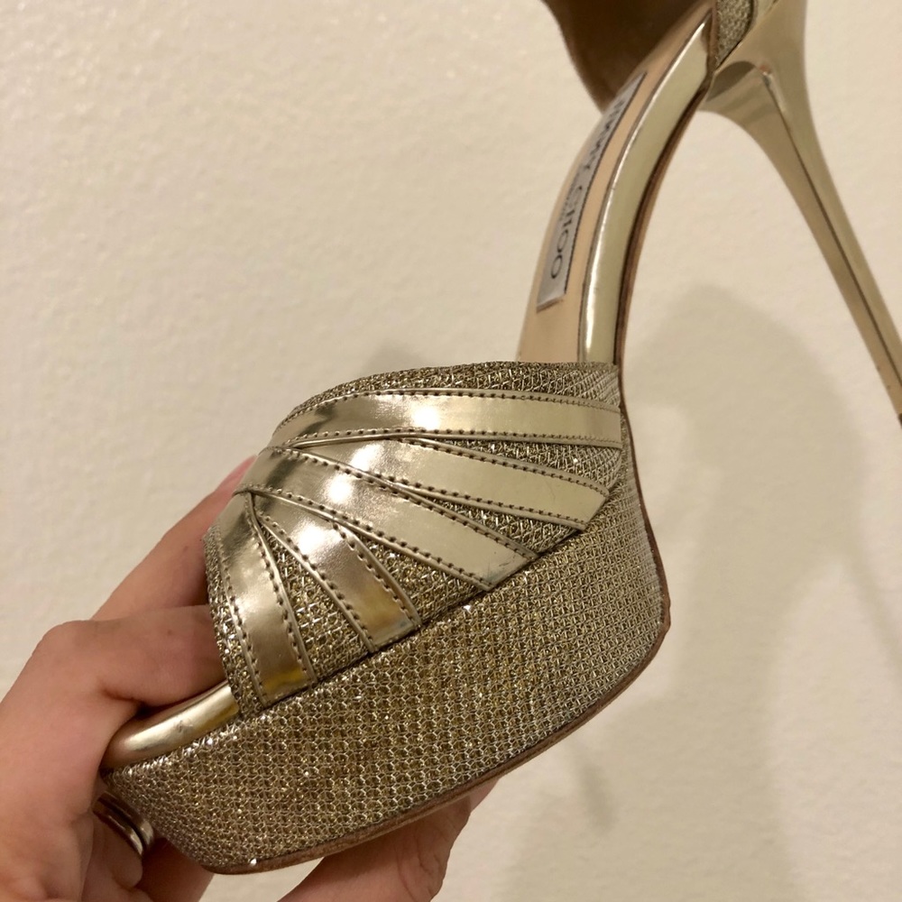 Jimmy Choo Gold Metallic Leather Platform Sandal Heels - Picture 6 of 9